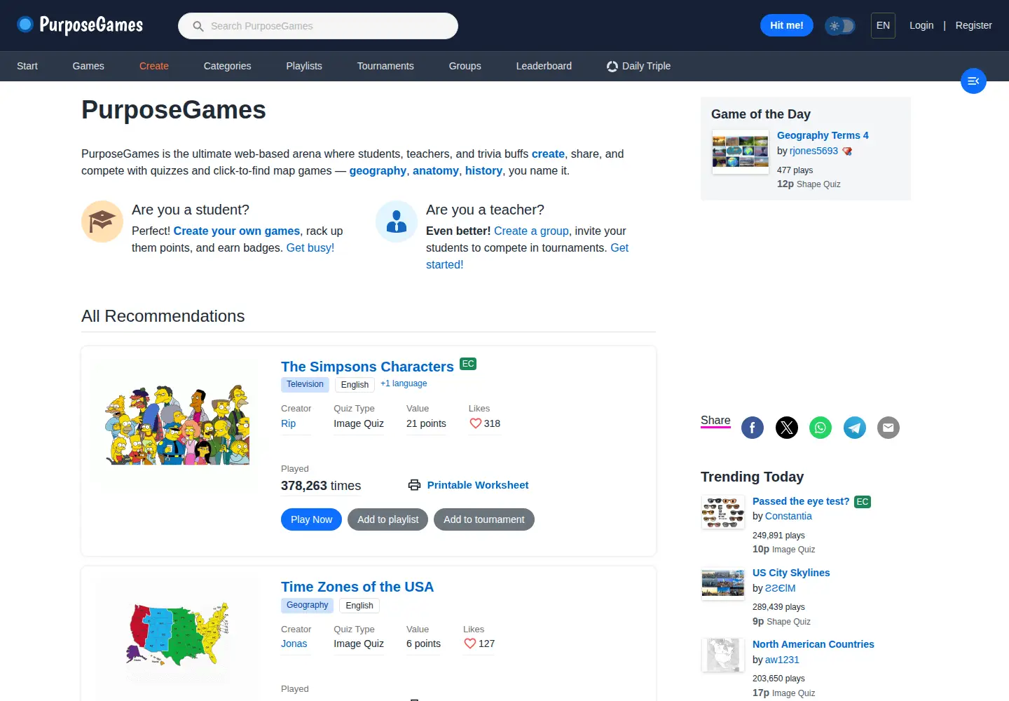 Screenshot of purposegames.com