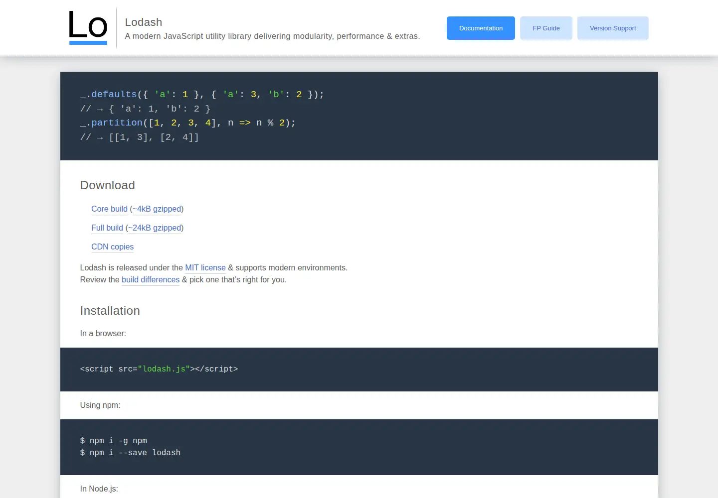 Screenshot of lodash.com