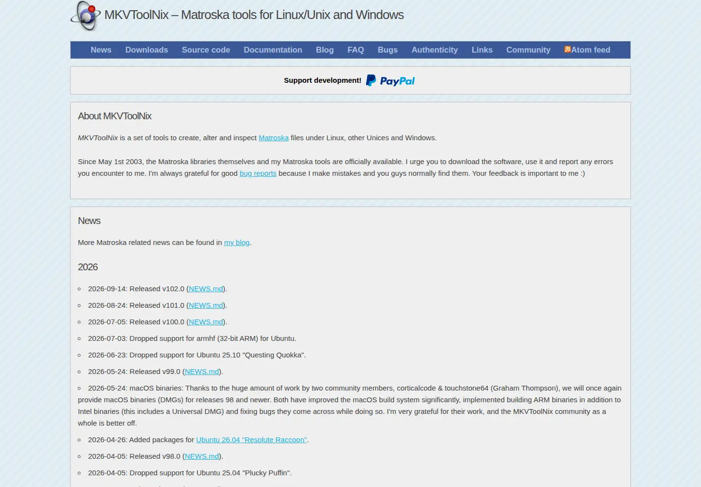 Screenshot of mkvtoolnix.download