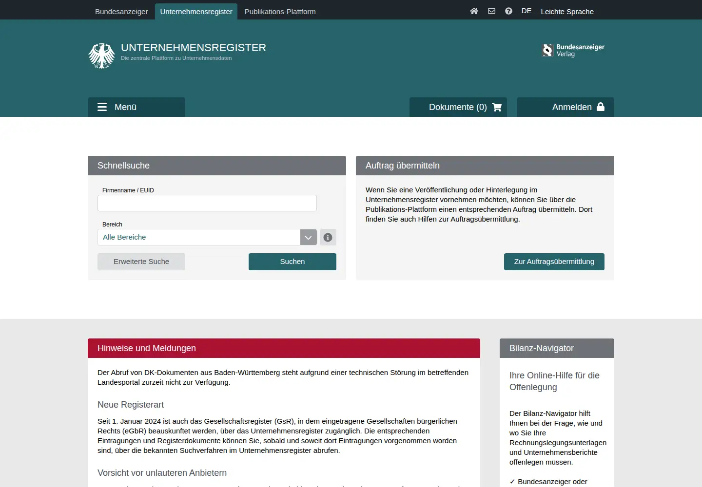 Screenshot of unternehmensregister.de