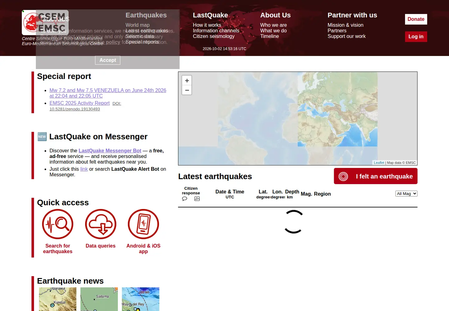 Screenshot of emsc.eu