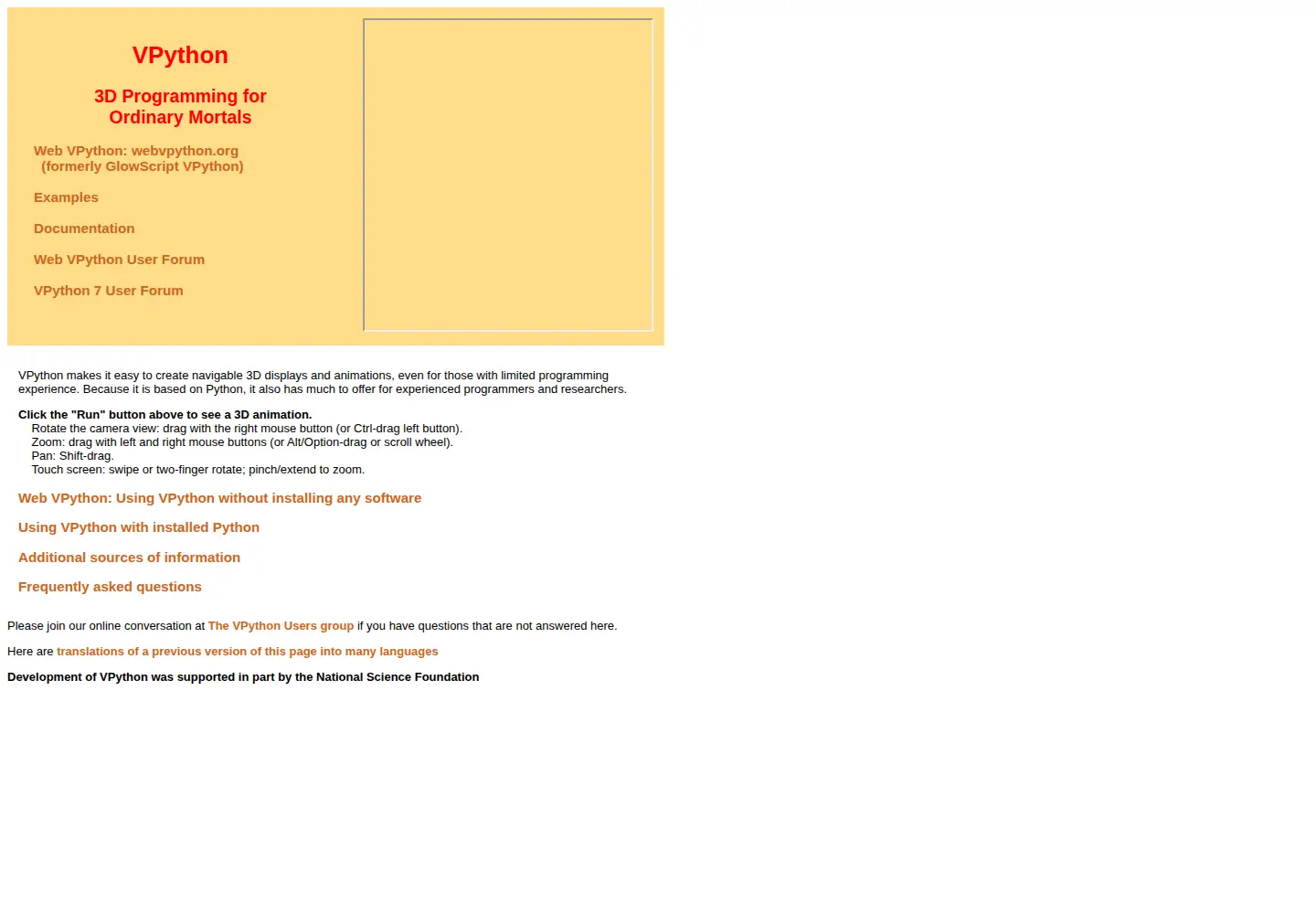 Screenshot of vpython.org