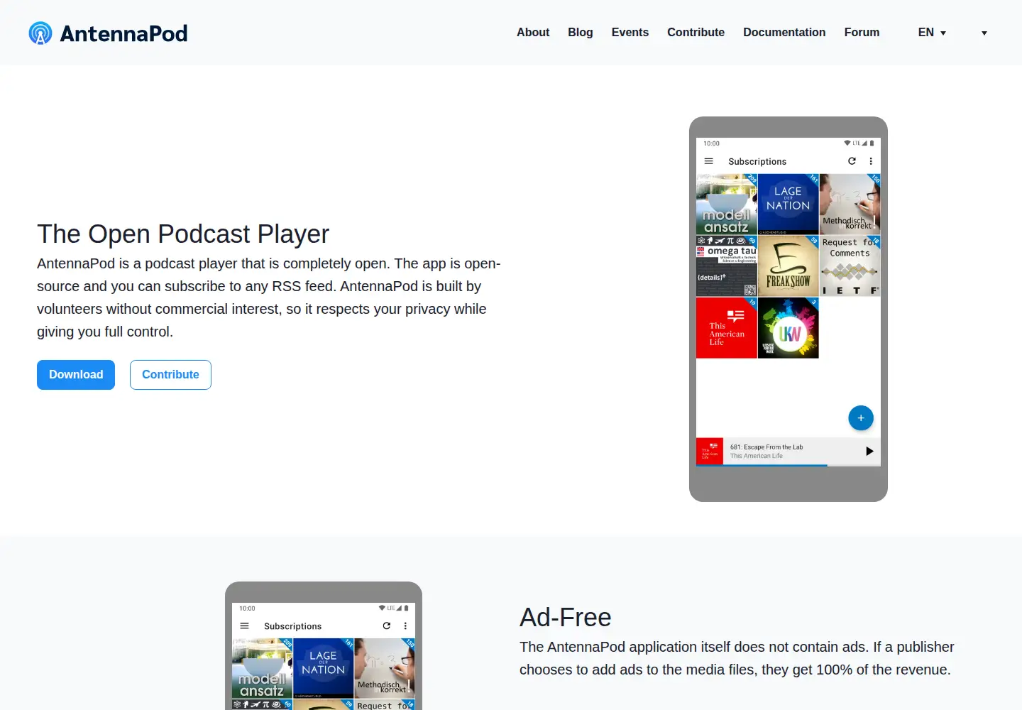 Screenshot of antennapod.org