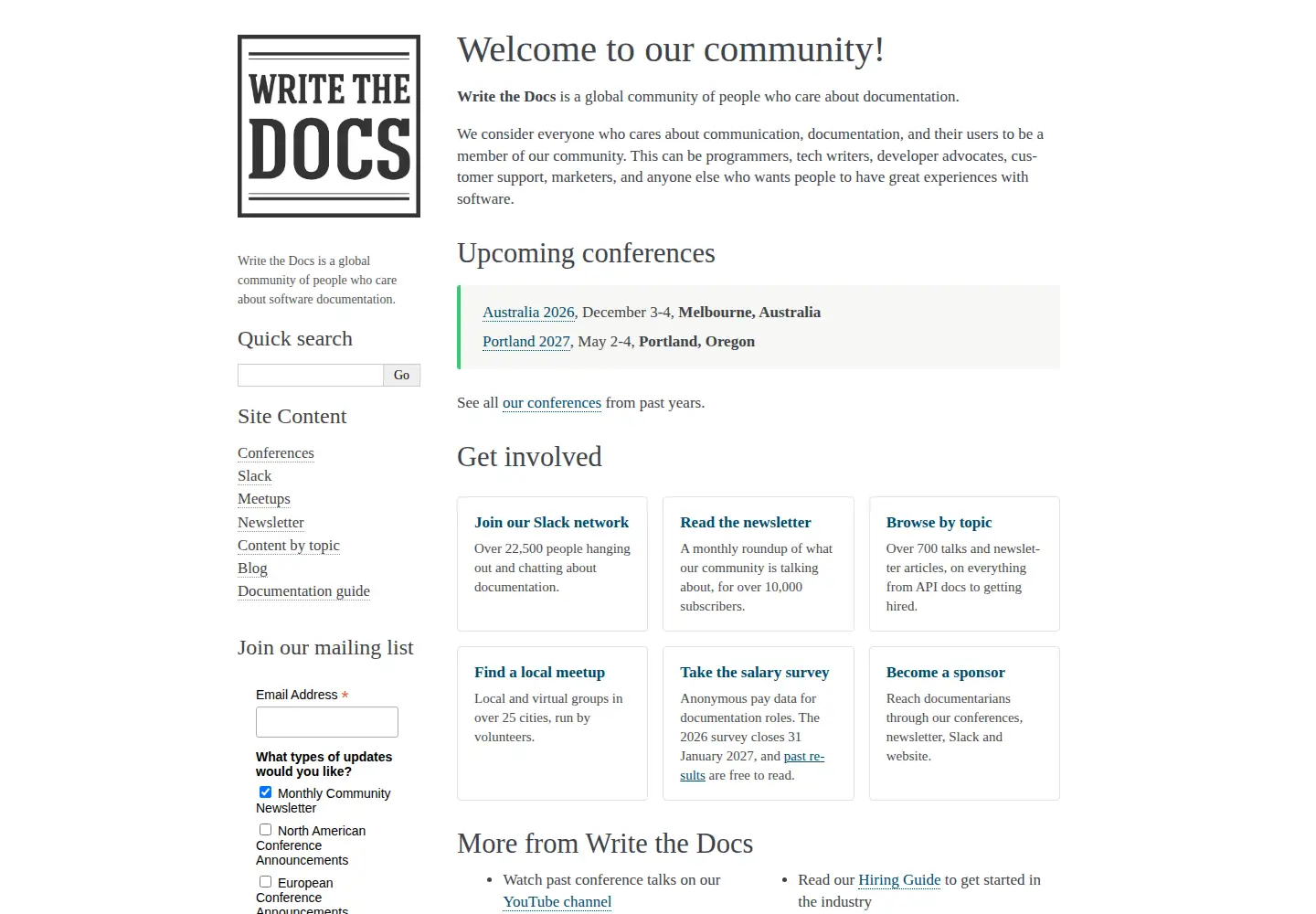 Screenshot of writethedocs.org