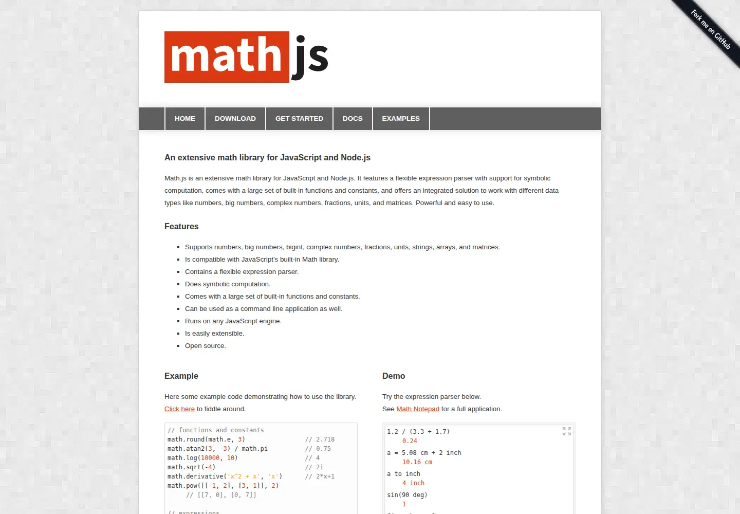 Screenshot of mathjs.org