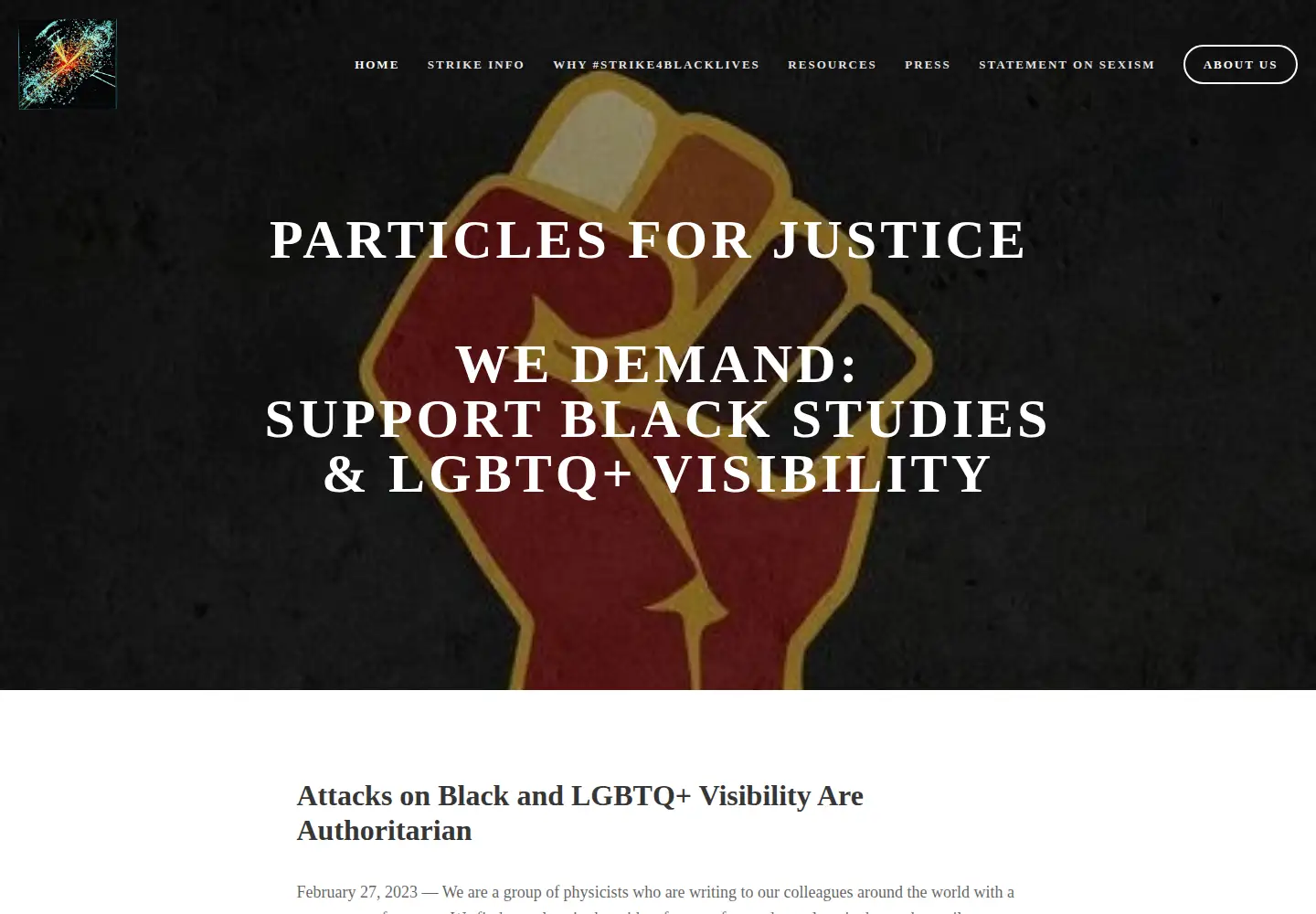 Screenshot of particlesforjustice.org