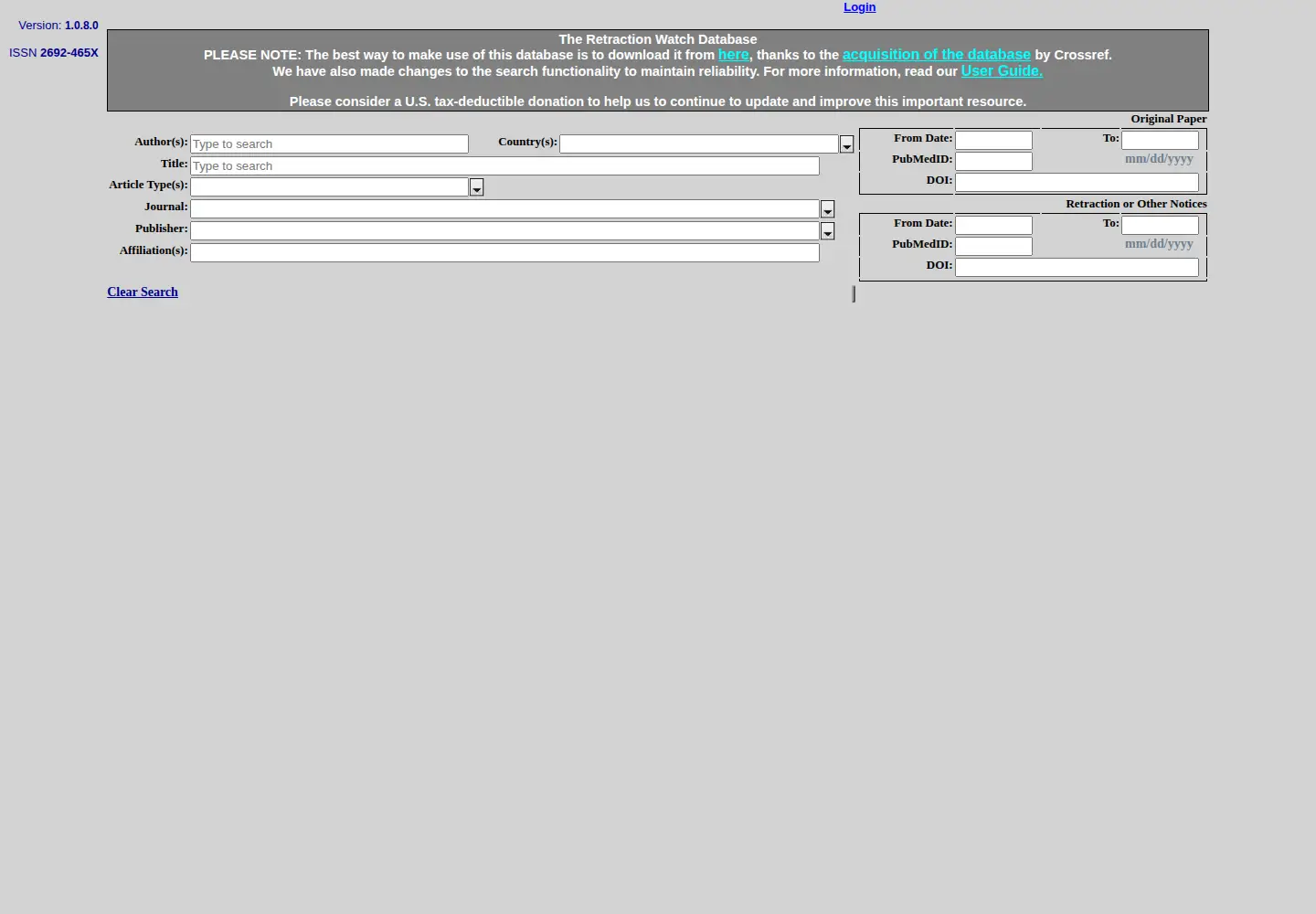 Captured homepage of retractiondatabase.org in the current scan