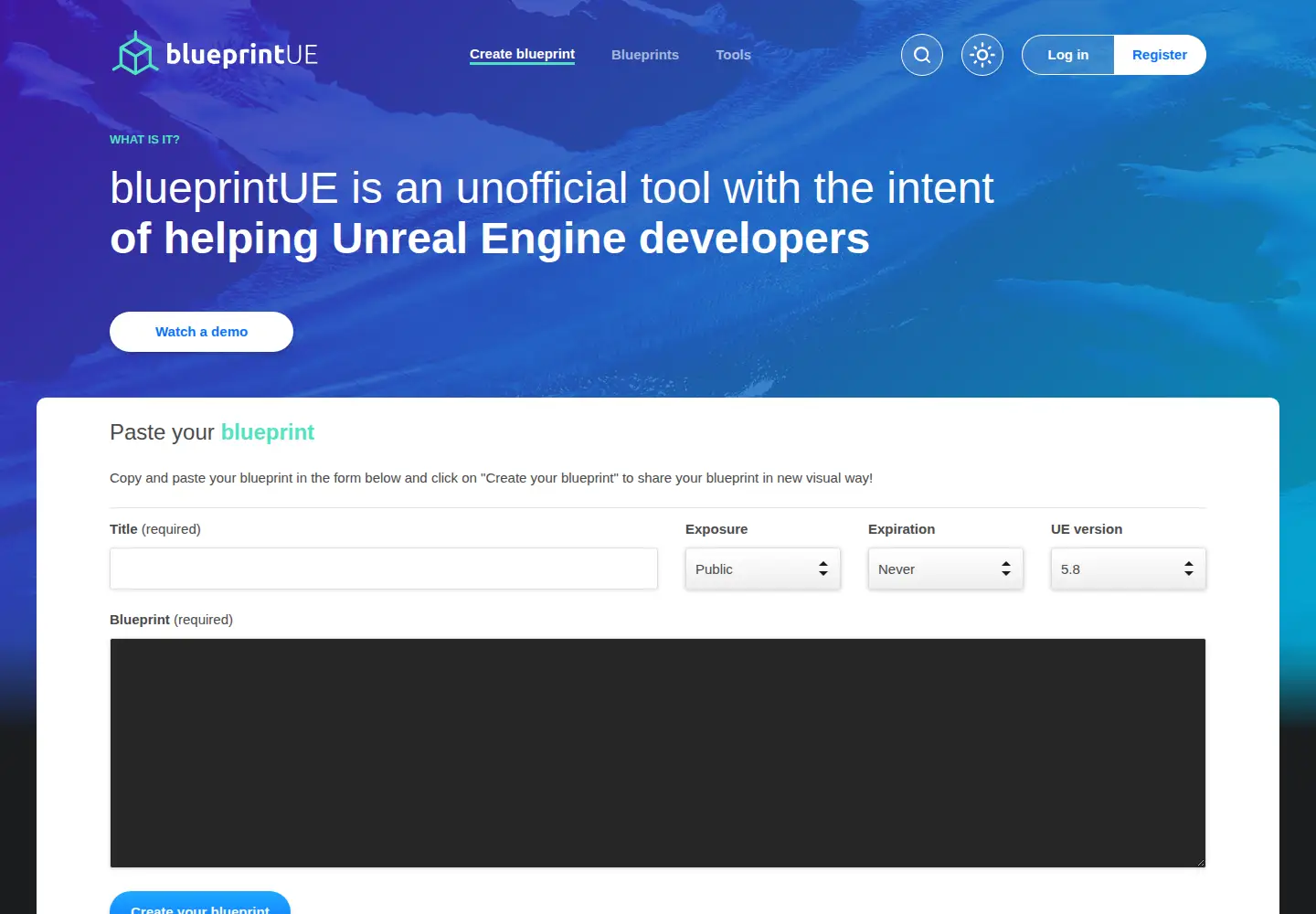 Screenshot of blueprintue.com