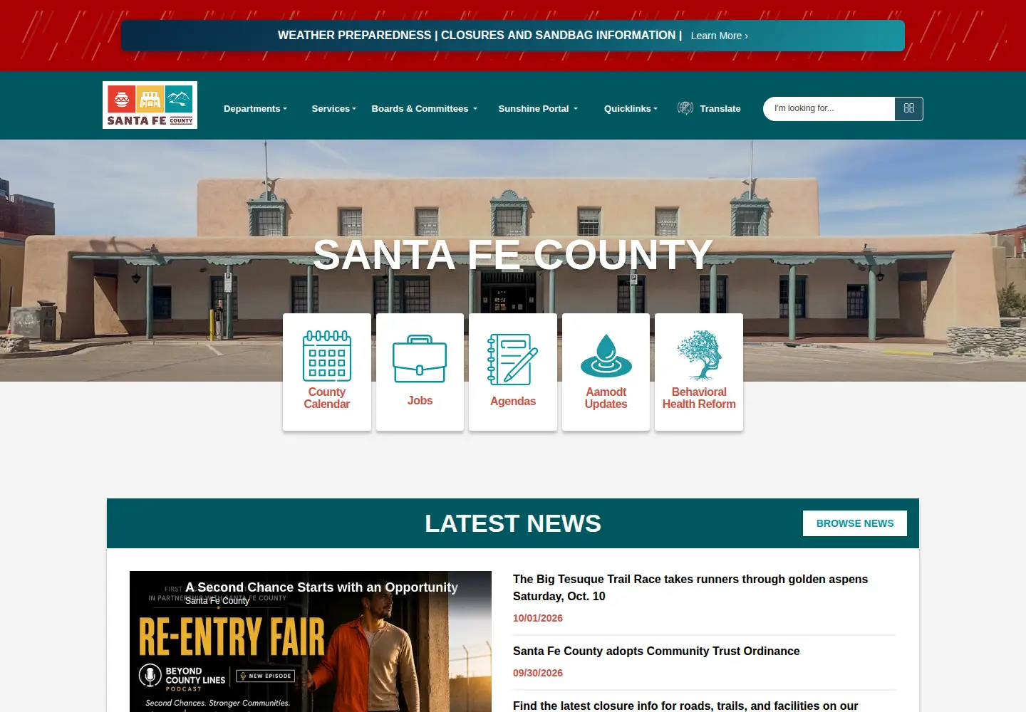 Captured homepage of santafecountynm.gov in the current scan