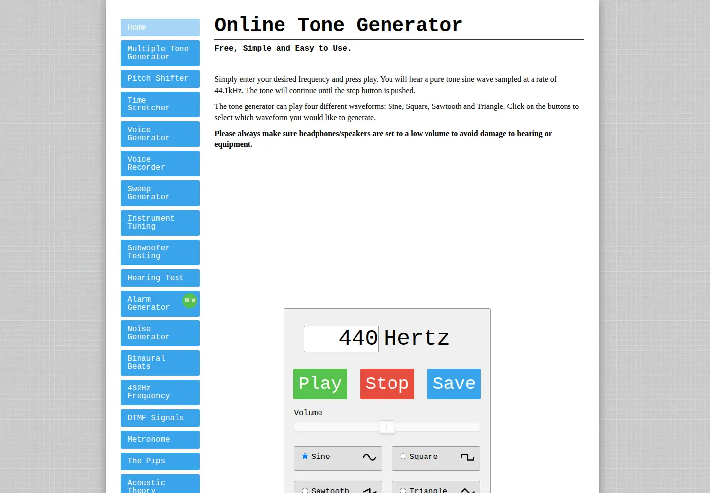Screenshot of onlinetonegenerator.com