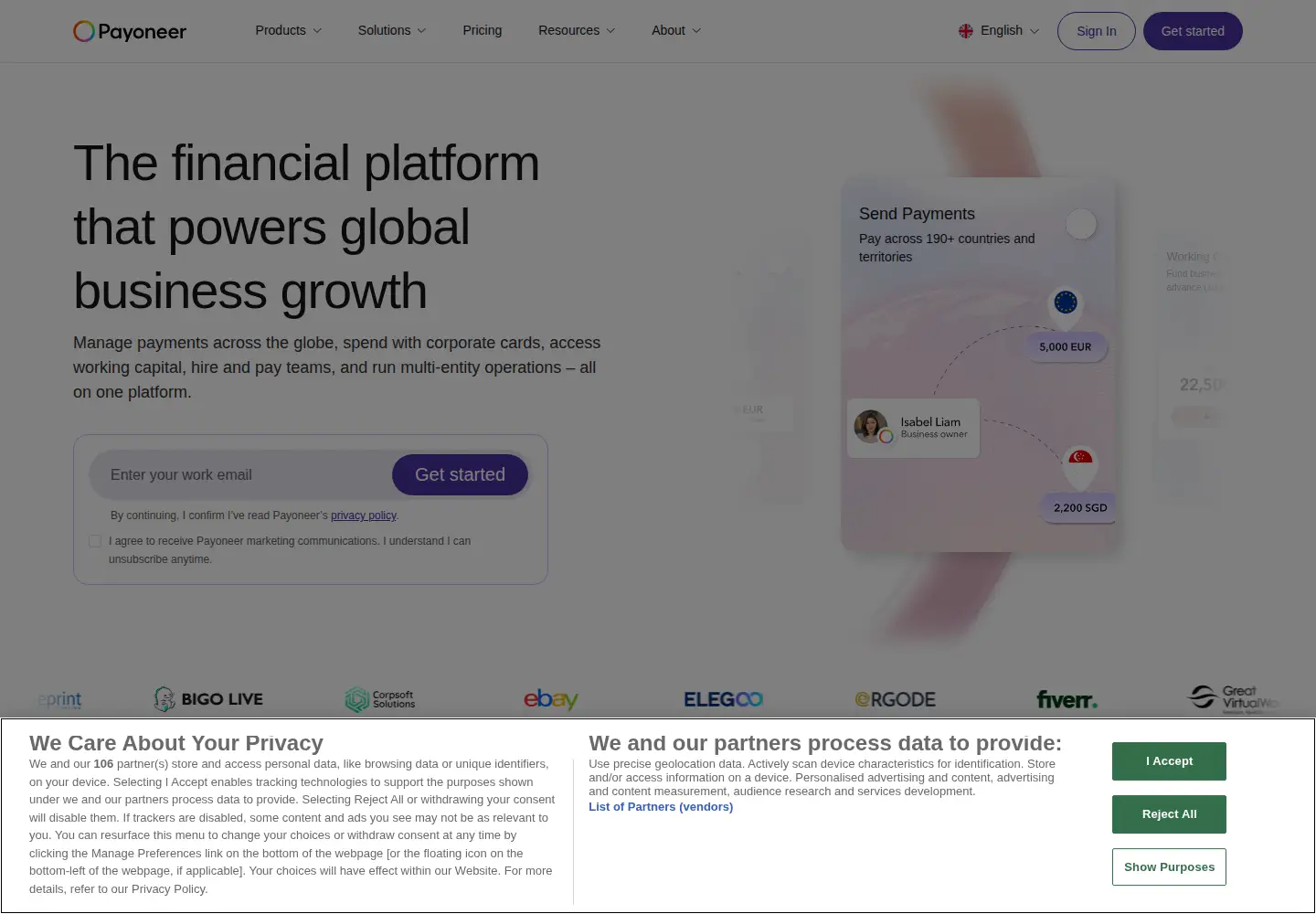 Screenshot of payoneer.com