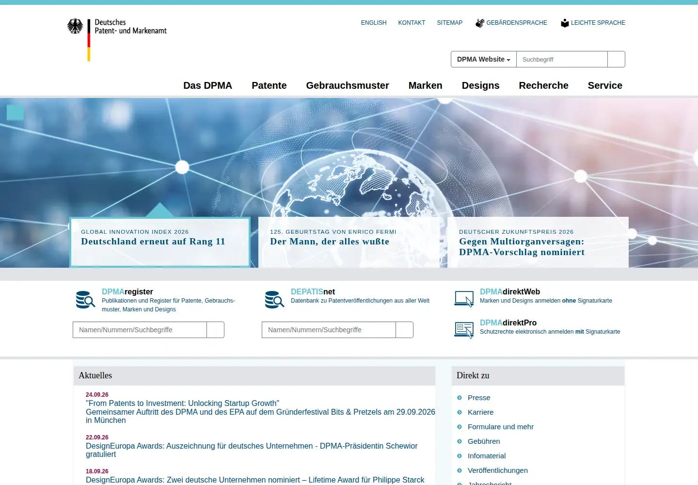 Screenshot of dpma.de