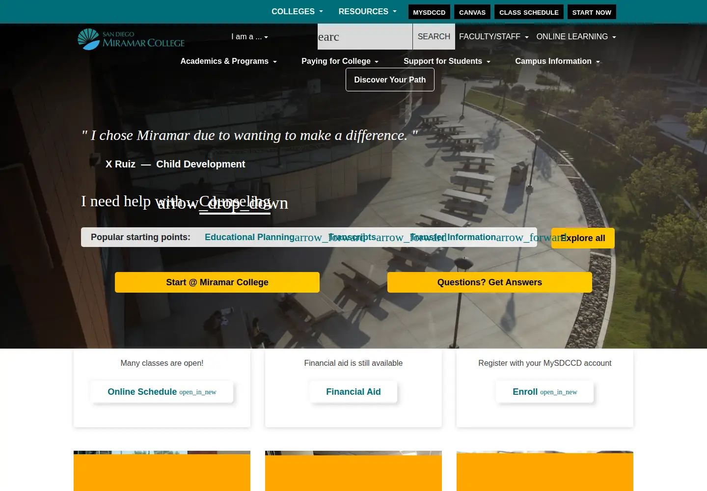 Captured homepage of sdmiramar.edu in the current scan