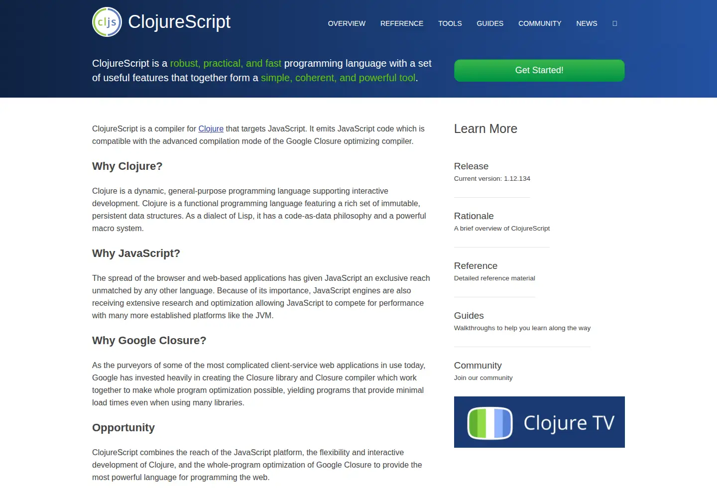 Screenshot of clojurescript.org