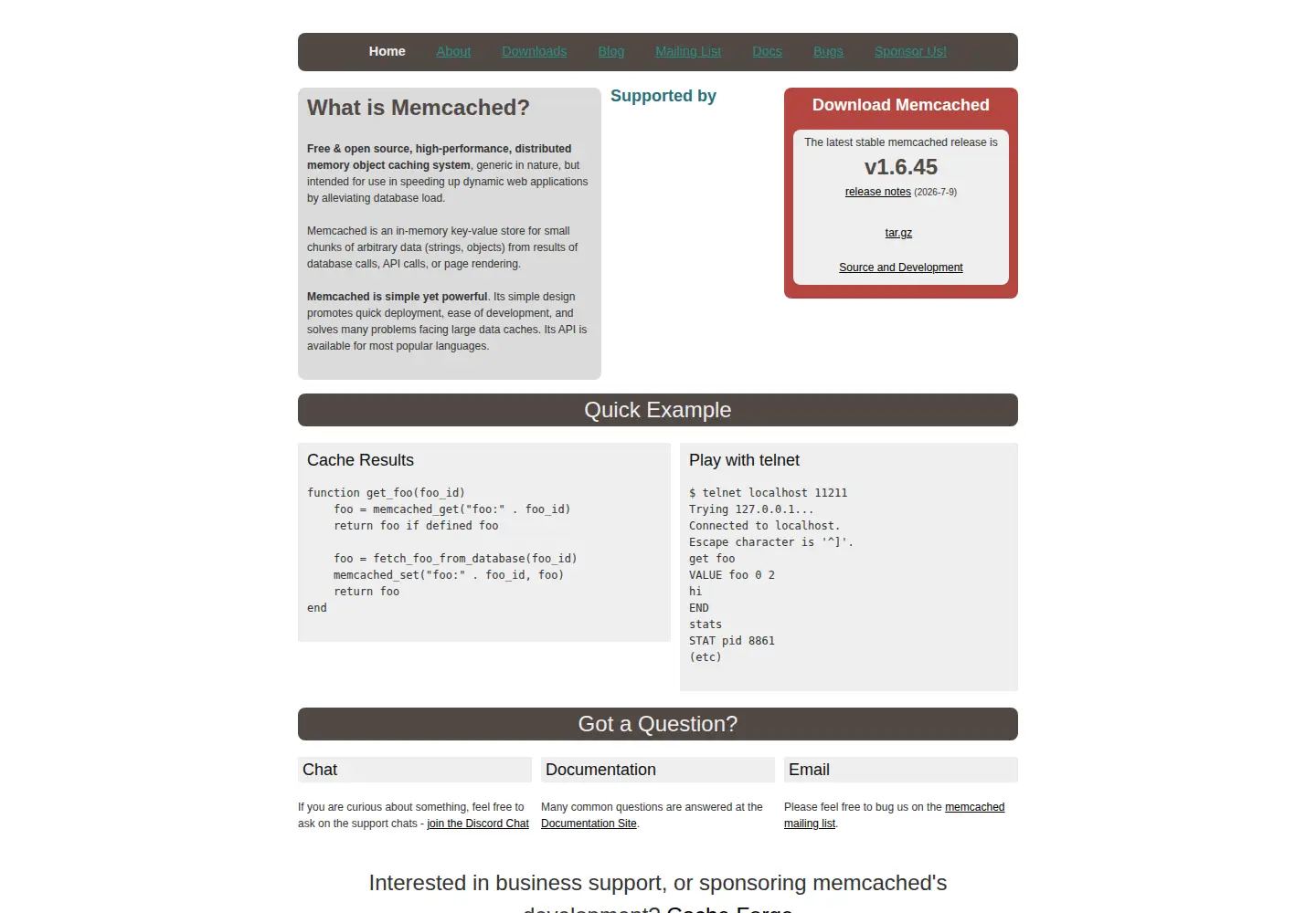 Captured homepage of memcached.org in the current scan