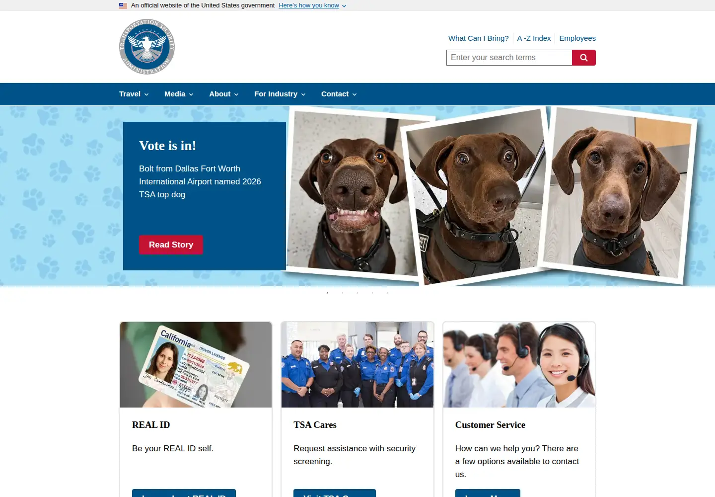 Screenshot of tsa.gov