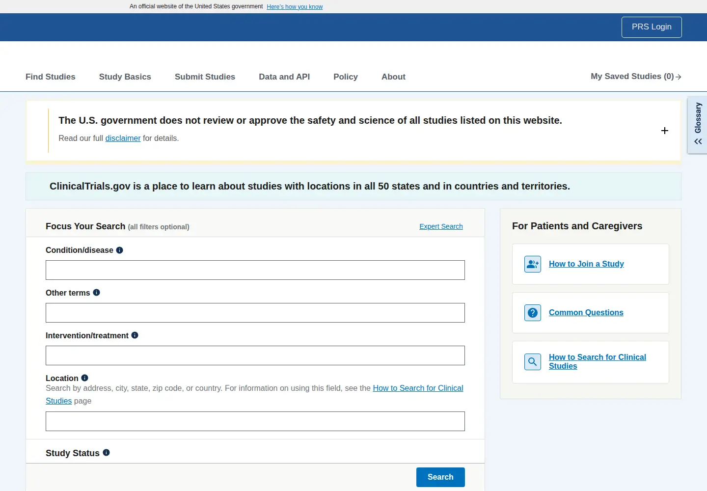 Screenshot of clinicaltrials.gov