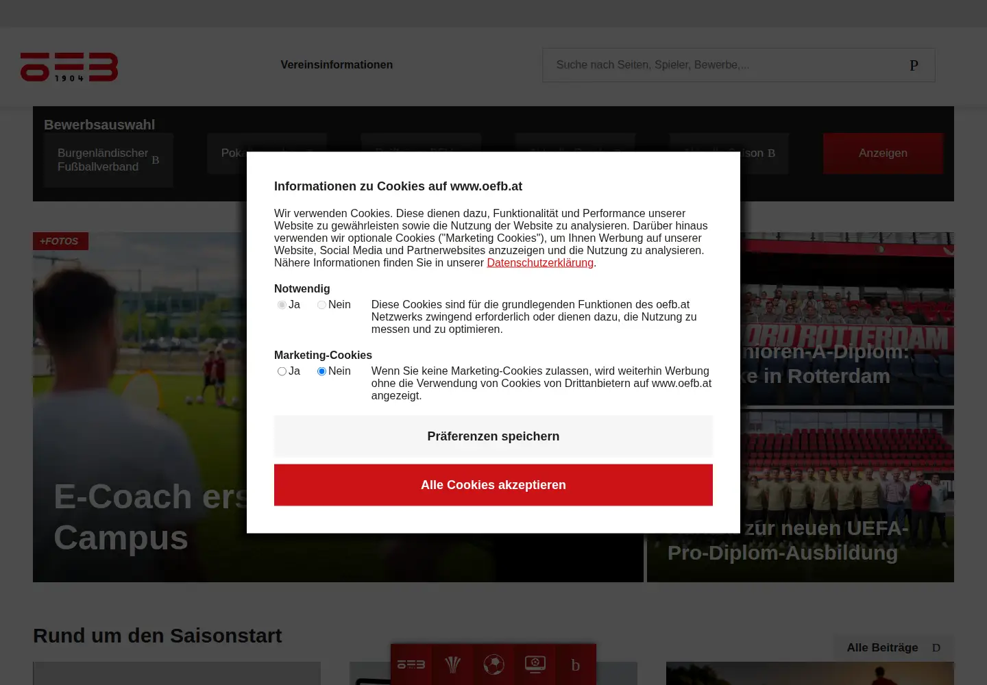 Captured homepage of fussballoesterreich.at in the current scan