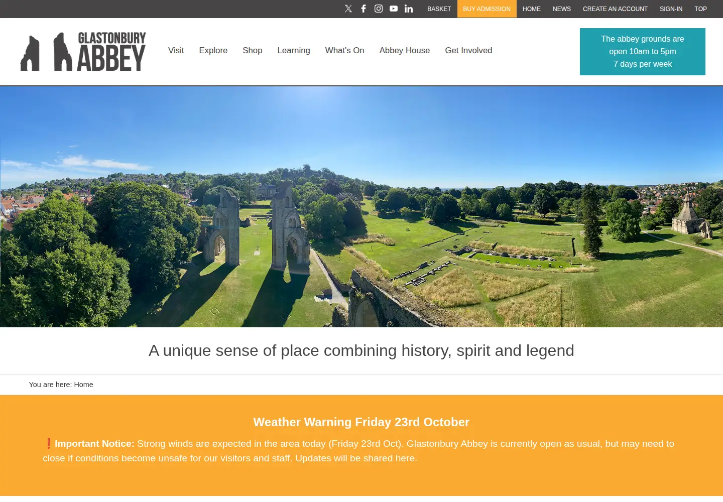 Captured homepage of glastonburyabbey.com in the current scan