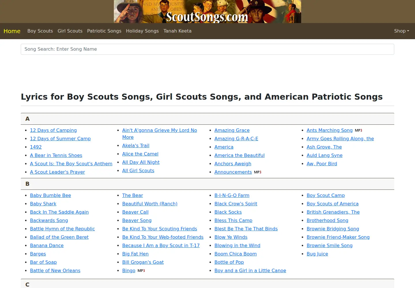 Screenshot of scoutsongs.com