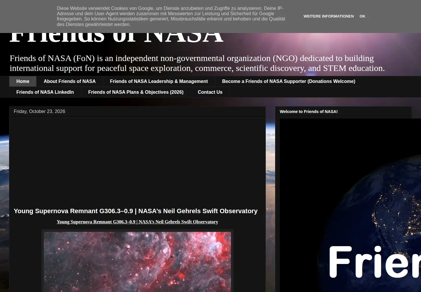 Captured homepage of friendsofnasa.org in the current scan