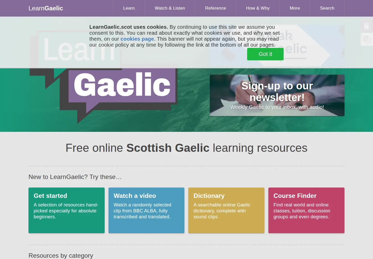 Captured homepage of learngaelic.net in the current scan