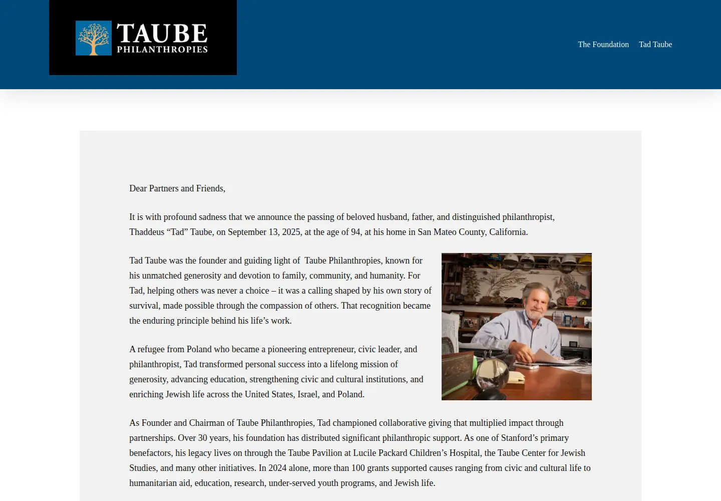 Screenshot of taubephilanthropies.org