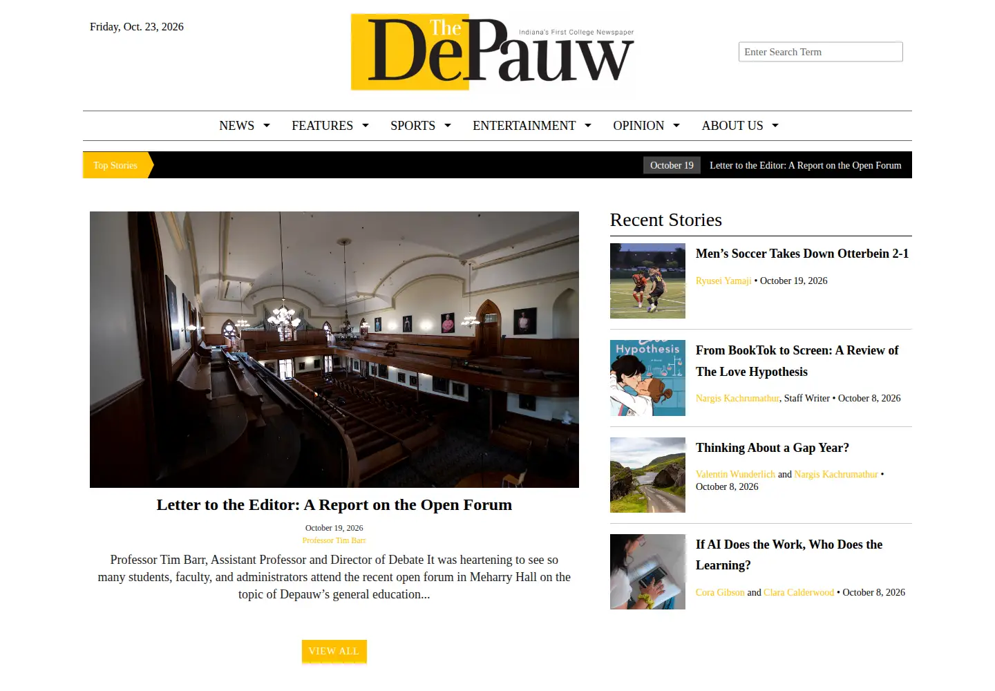 Captured homepage of thedepauw.com in the current scan