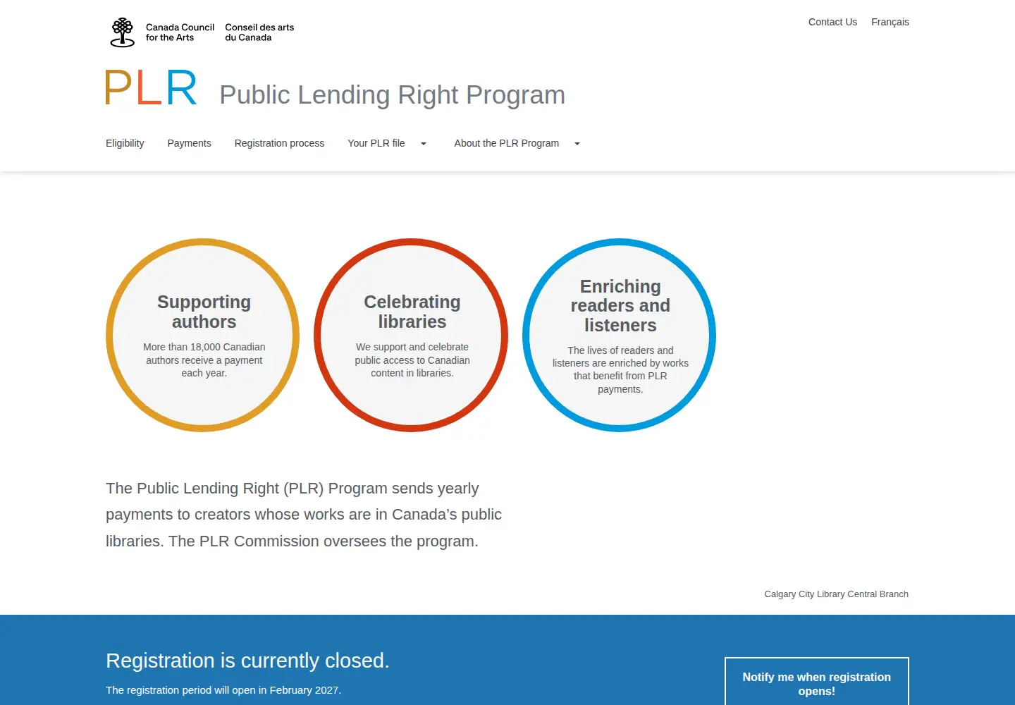 Captured homepage of publiclendingright.ca in the current scan