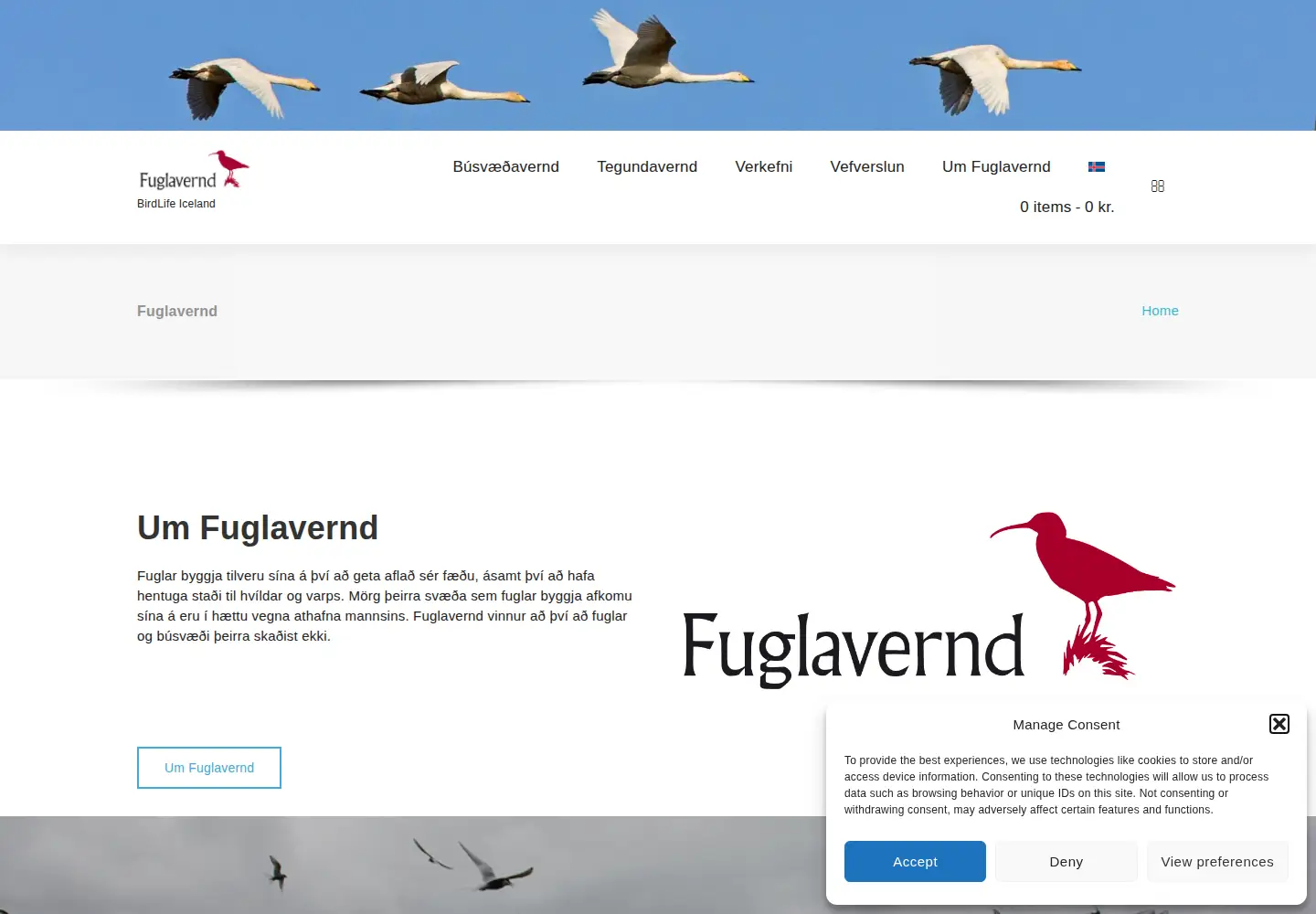 Captured homepage of fuglavernd.is in the current scan