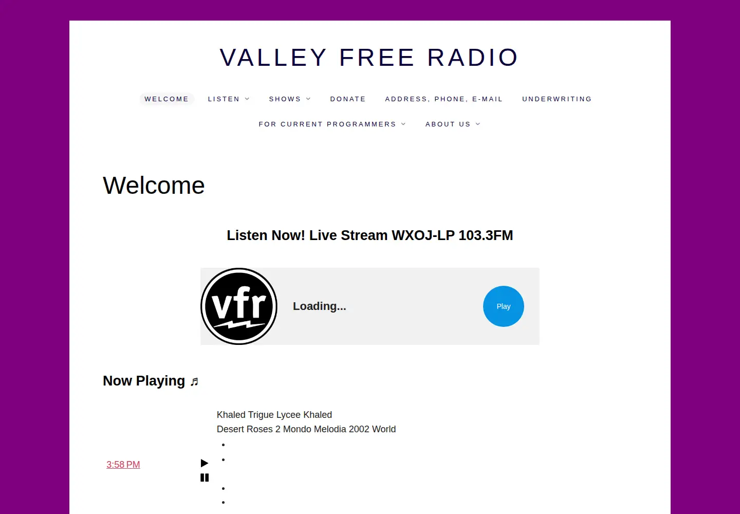 Screenshot of valleyfreeradio.org