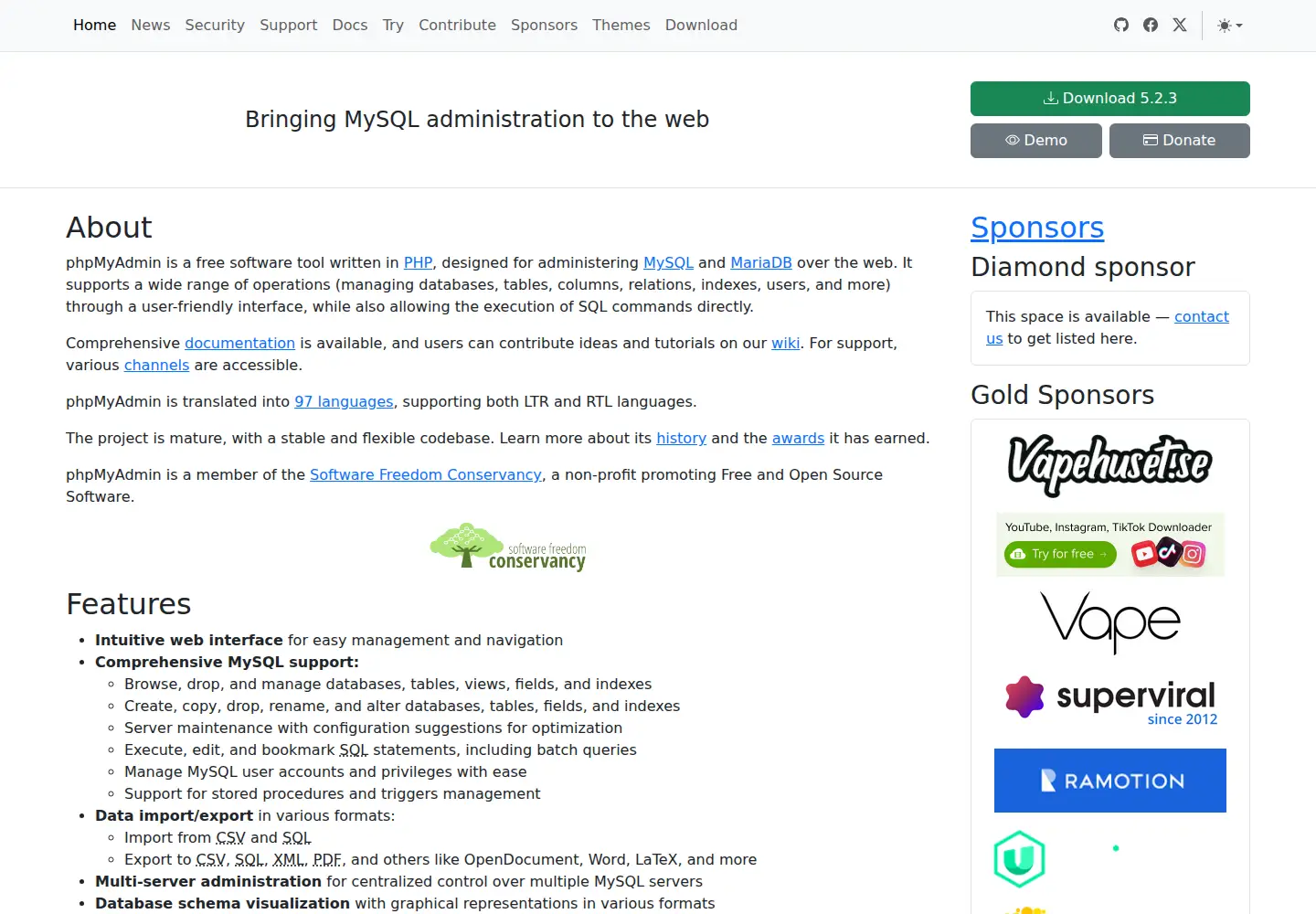 Screenshot of phpmyadmin.net