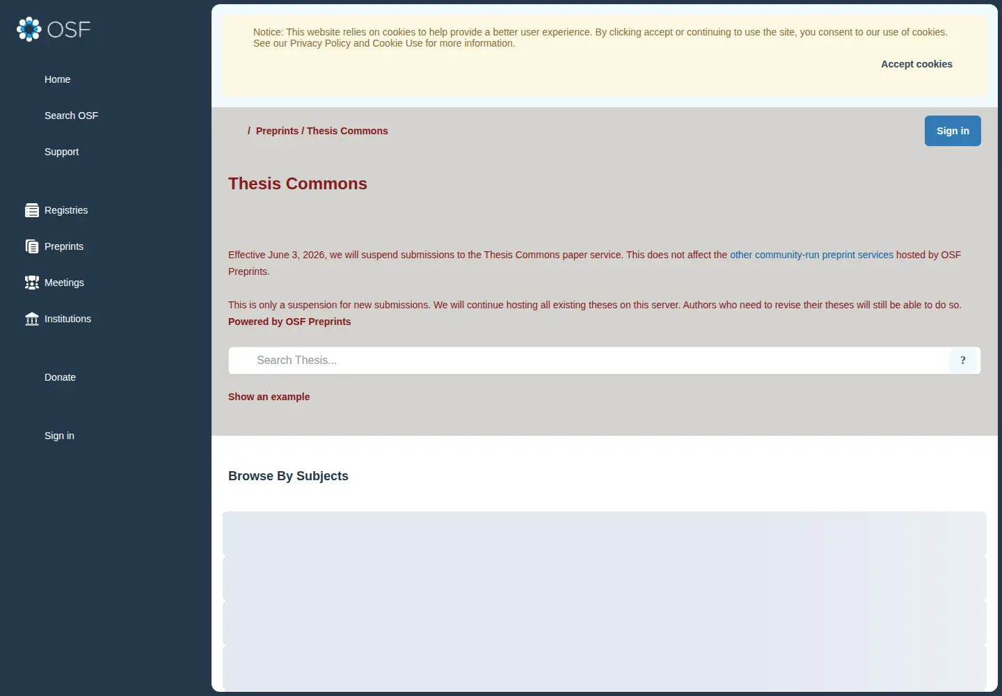 Captured homepage of thesiscommons.org in the current scan