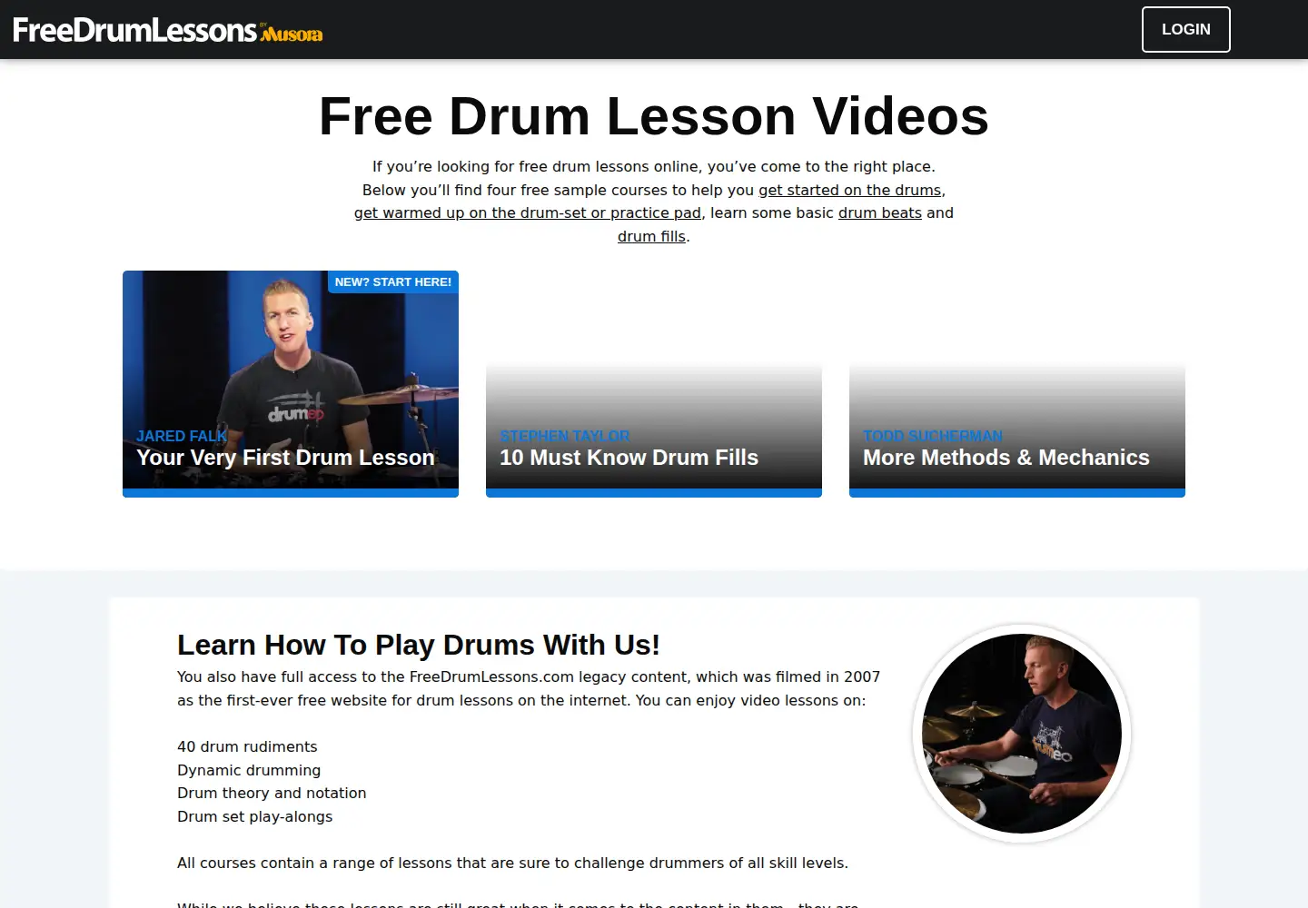 Screenshot of freedrumlessons.com