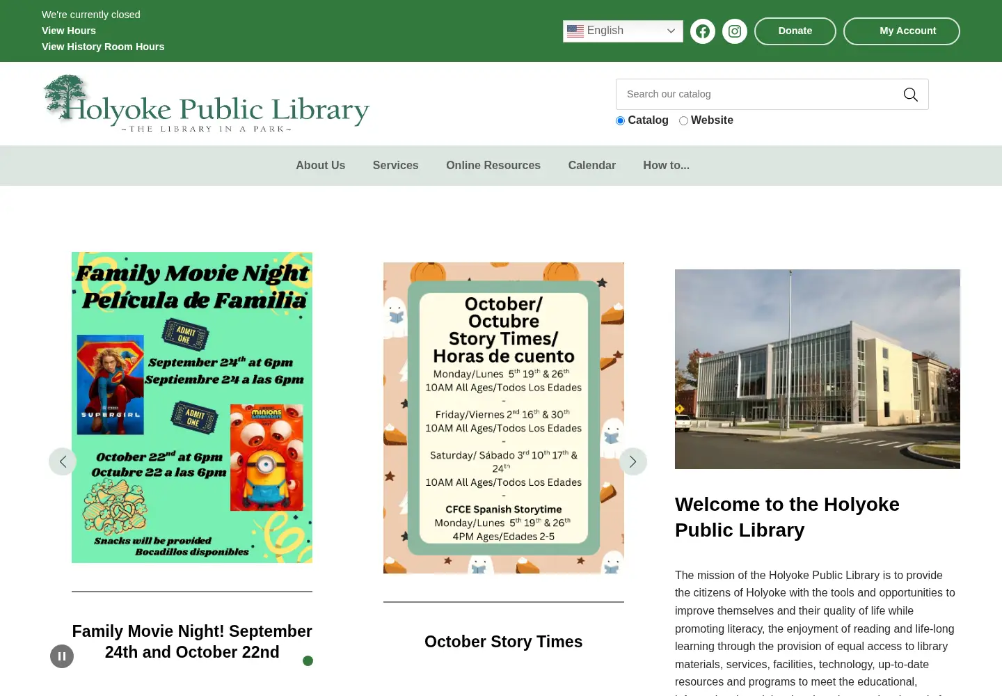 Captured homepage of holyokelibrary.org in the current scan
