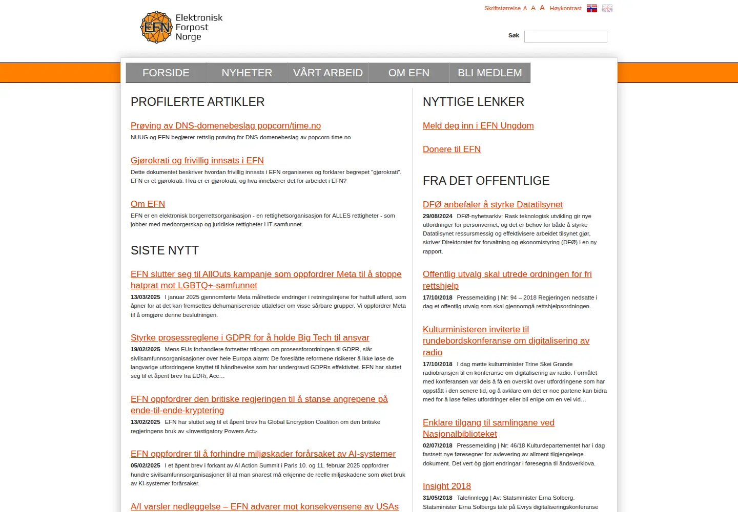 Captured homepage of efn.no in the current scan