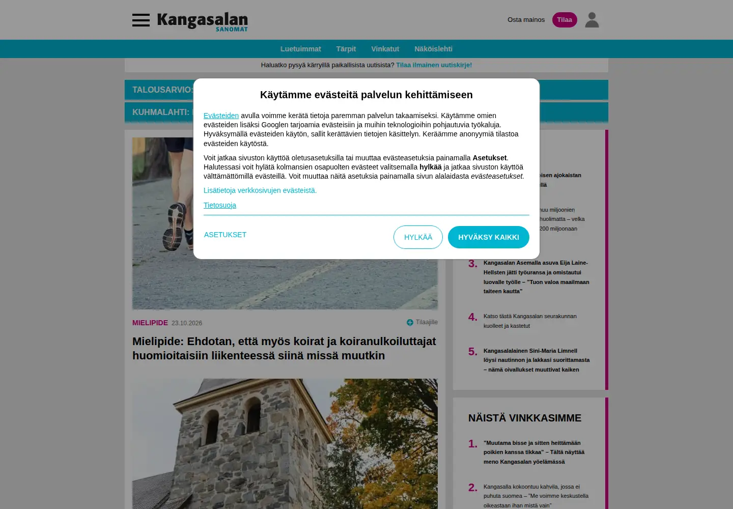 Captured homepage of kangasalansanomat.fi in the current scan