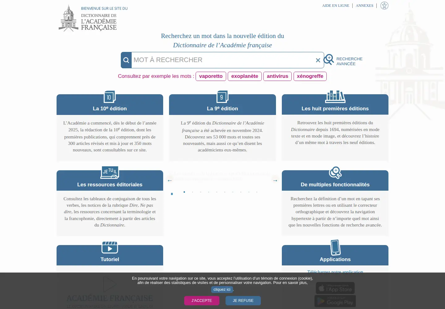 Screenshot of dictionnaire-academie.fr