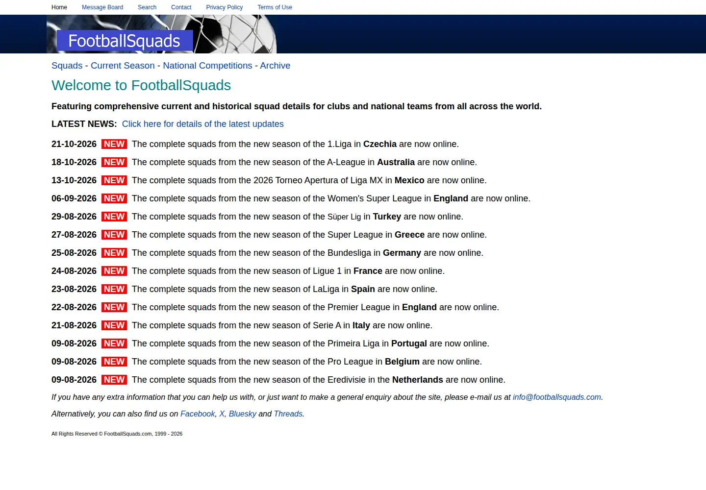 Captured homepage of footballsquads.co.uk in the current scan