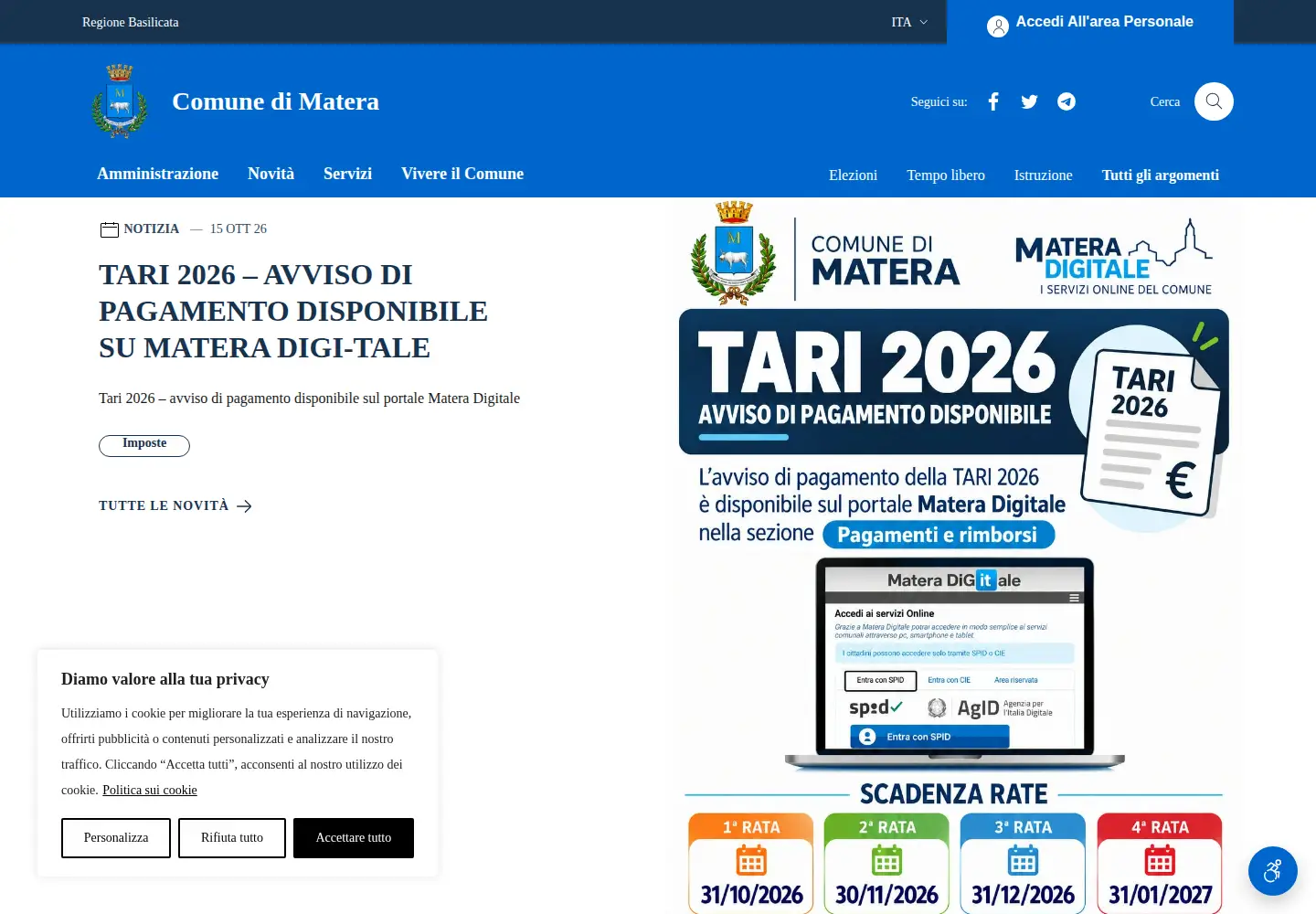 Captured homepage of comune.mt.it in the current scan