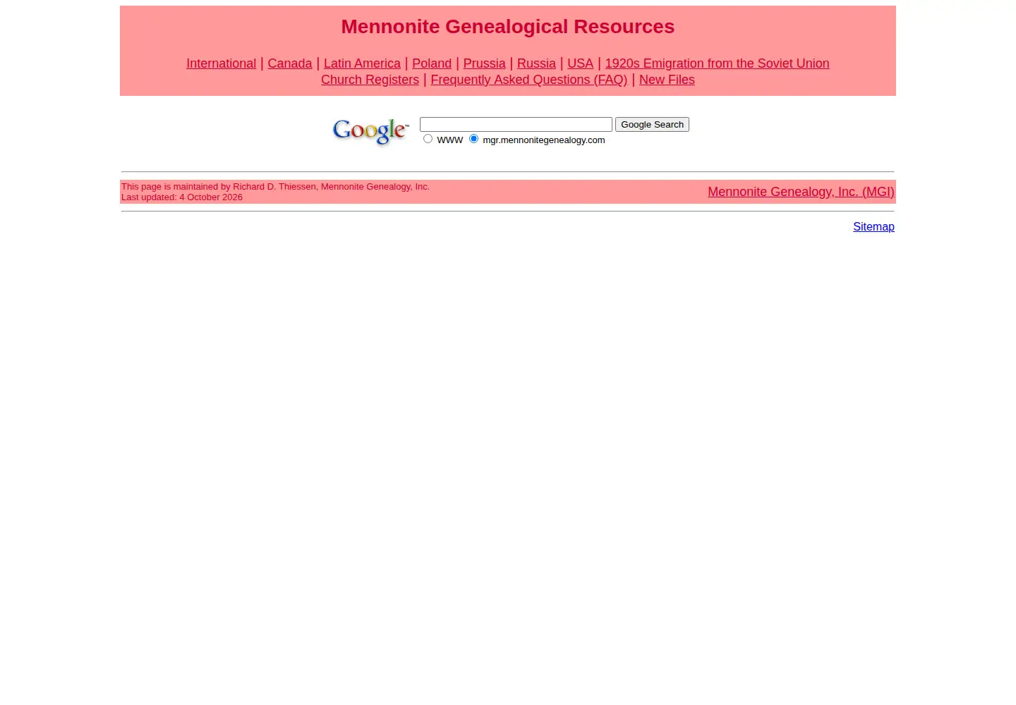 Captured homepage of mennonitegenealogy.com in the current scan