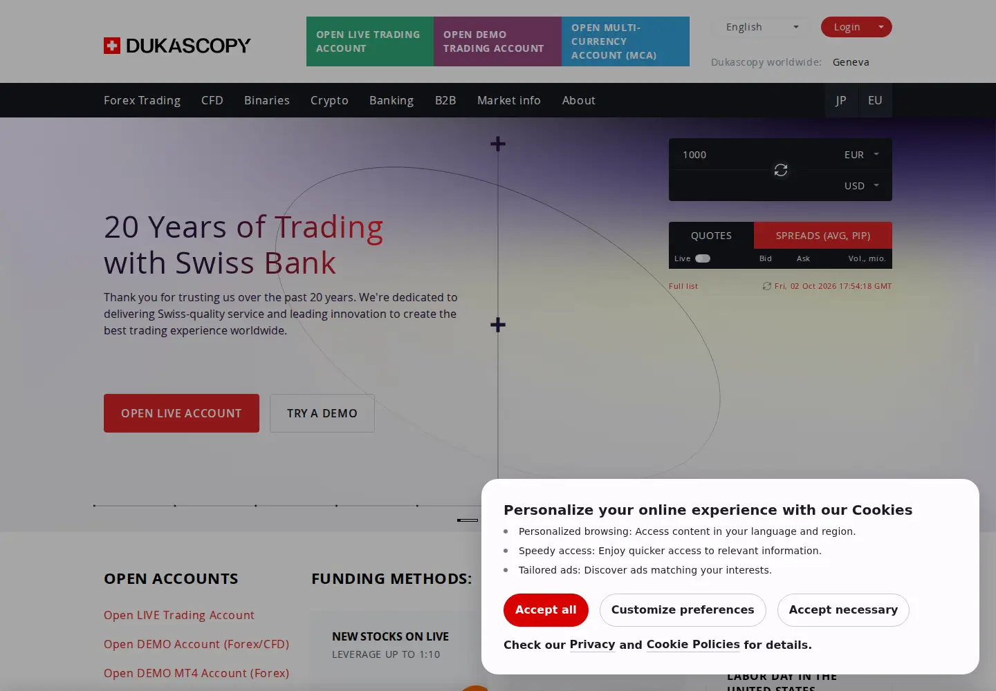 Screenshot of dukascopy.com