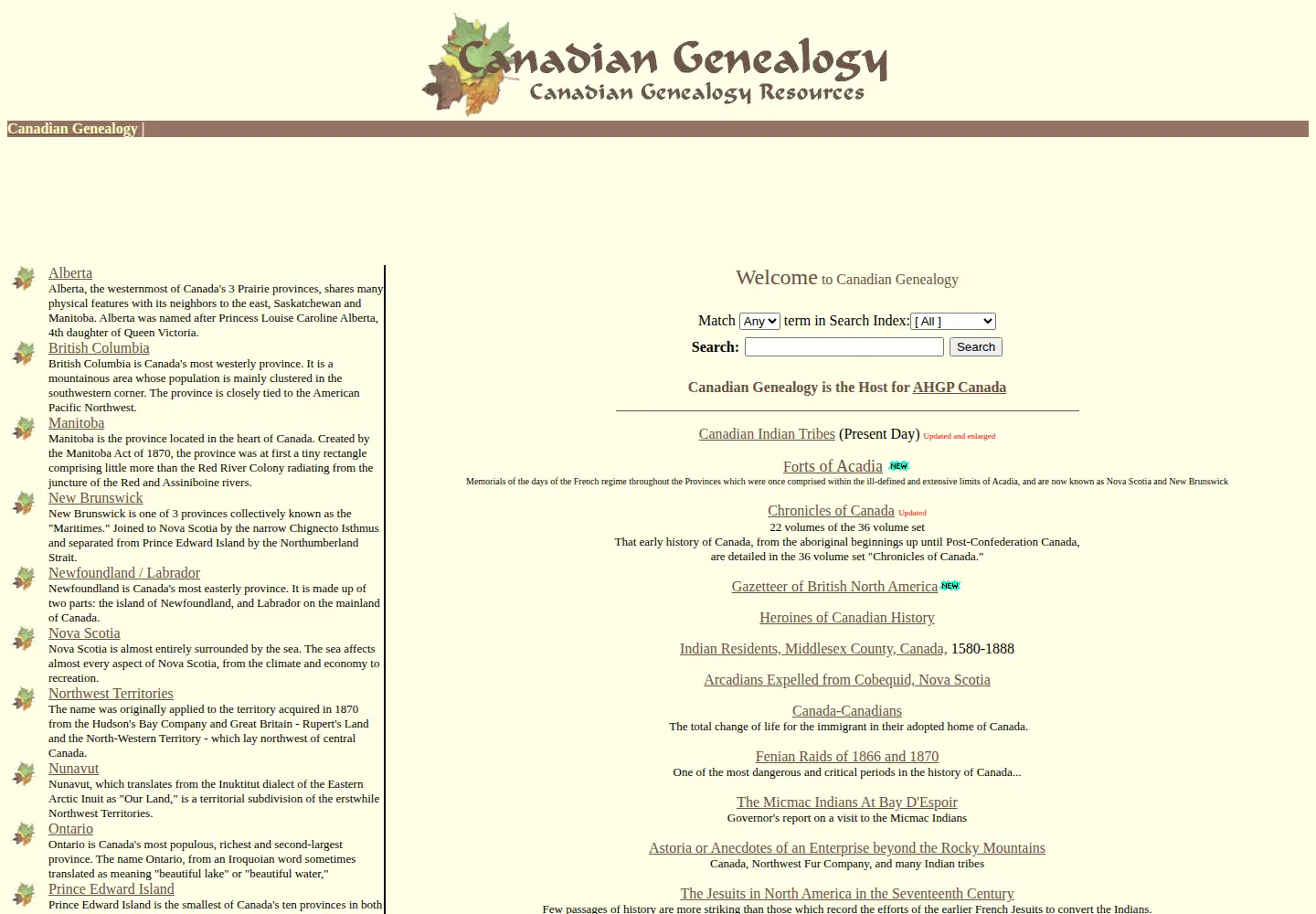 Captured homepage of canadiangenealogy.net in the current scan
