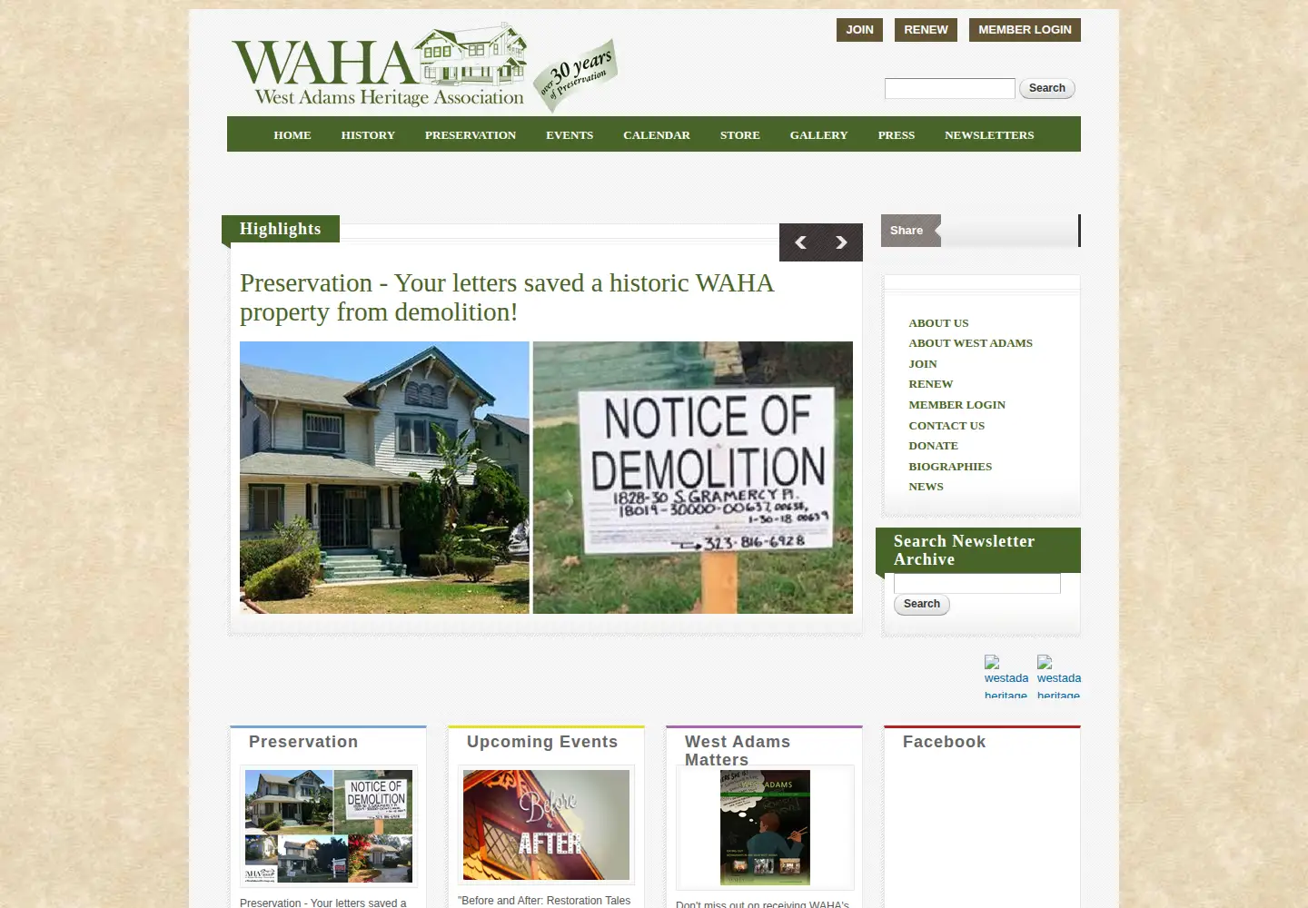 Captured homepage of westadamsheritage.org in the current scan