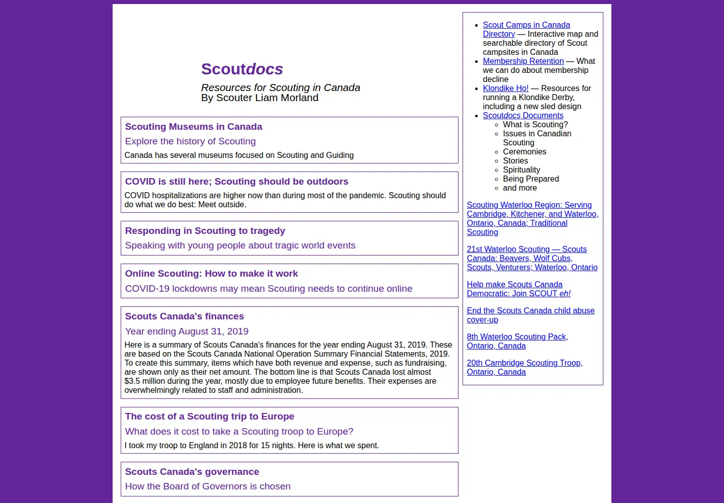 Captured homepage of scoutdocs.ca in the current scan