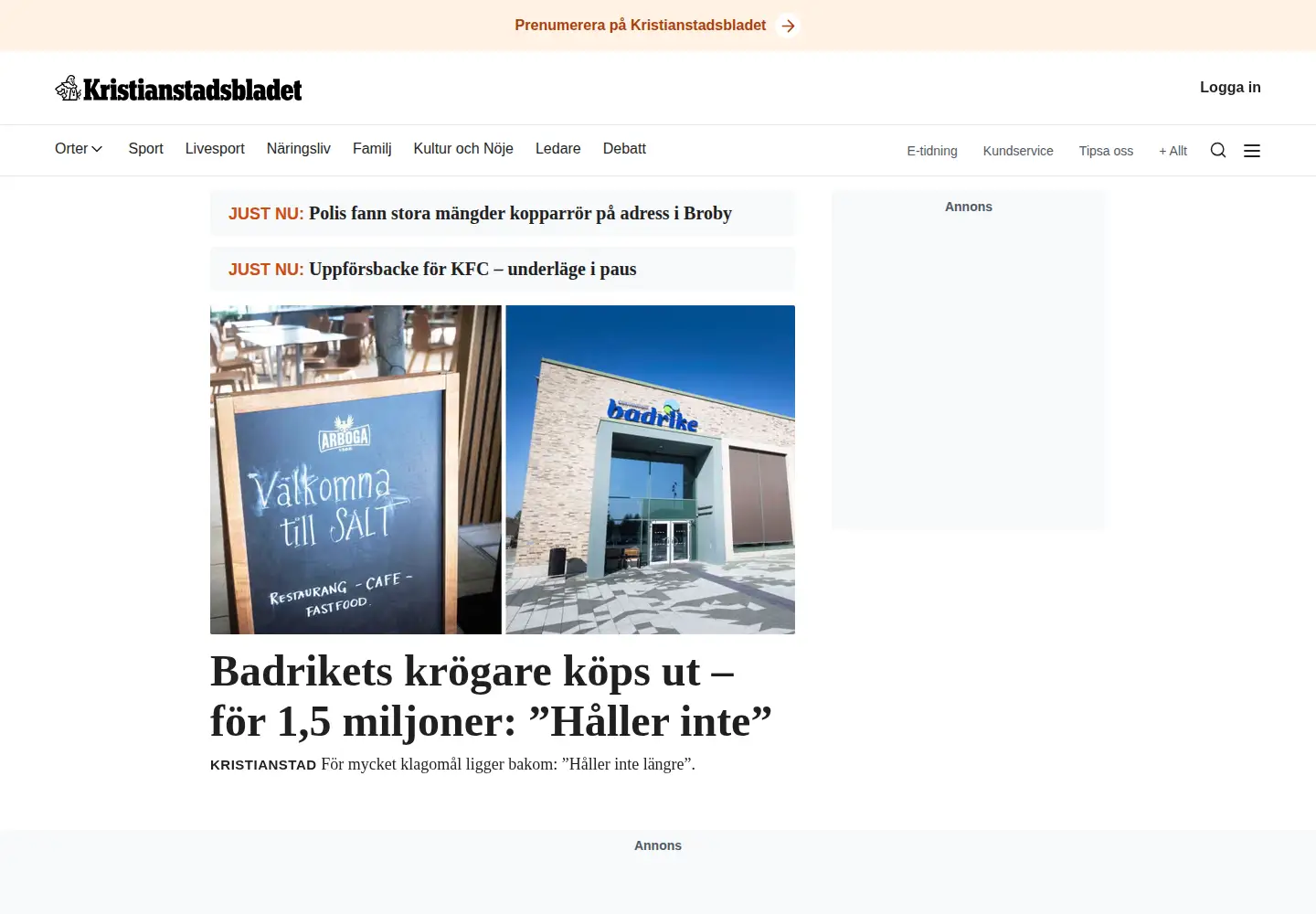 Screenshot of kristianstadsbladet.se