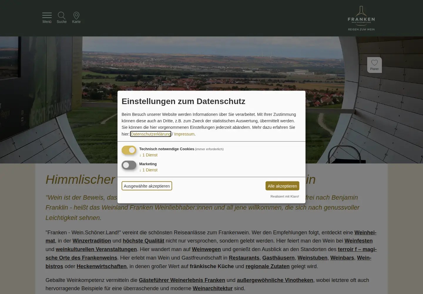 Captured homepage of franken-weinland.de in the current scan