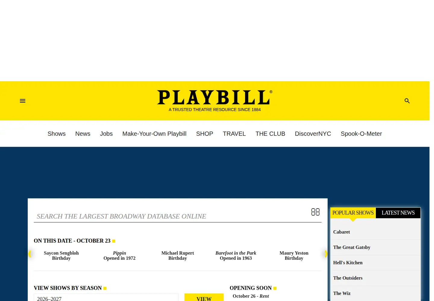 Captured homepage of playbillvault.com in the current scan