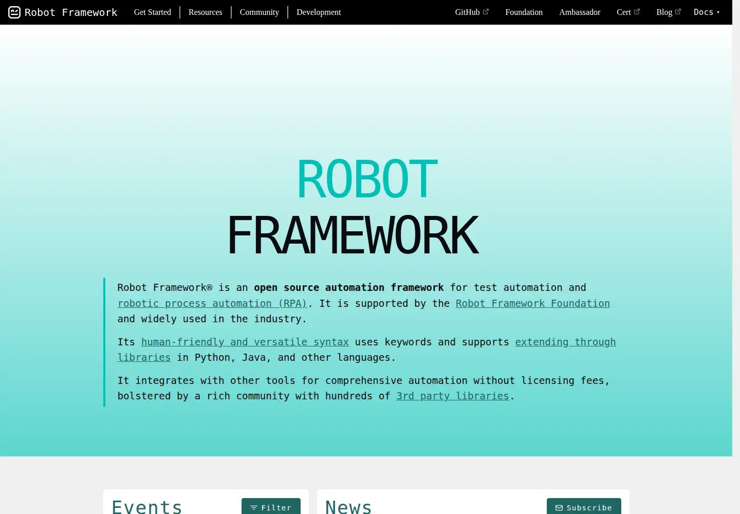 Screenshot of robotframework.org
