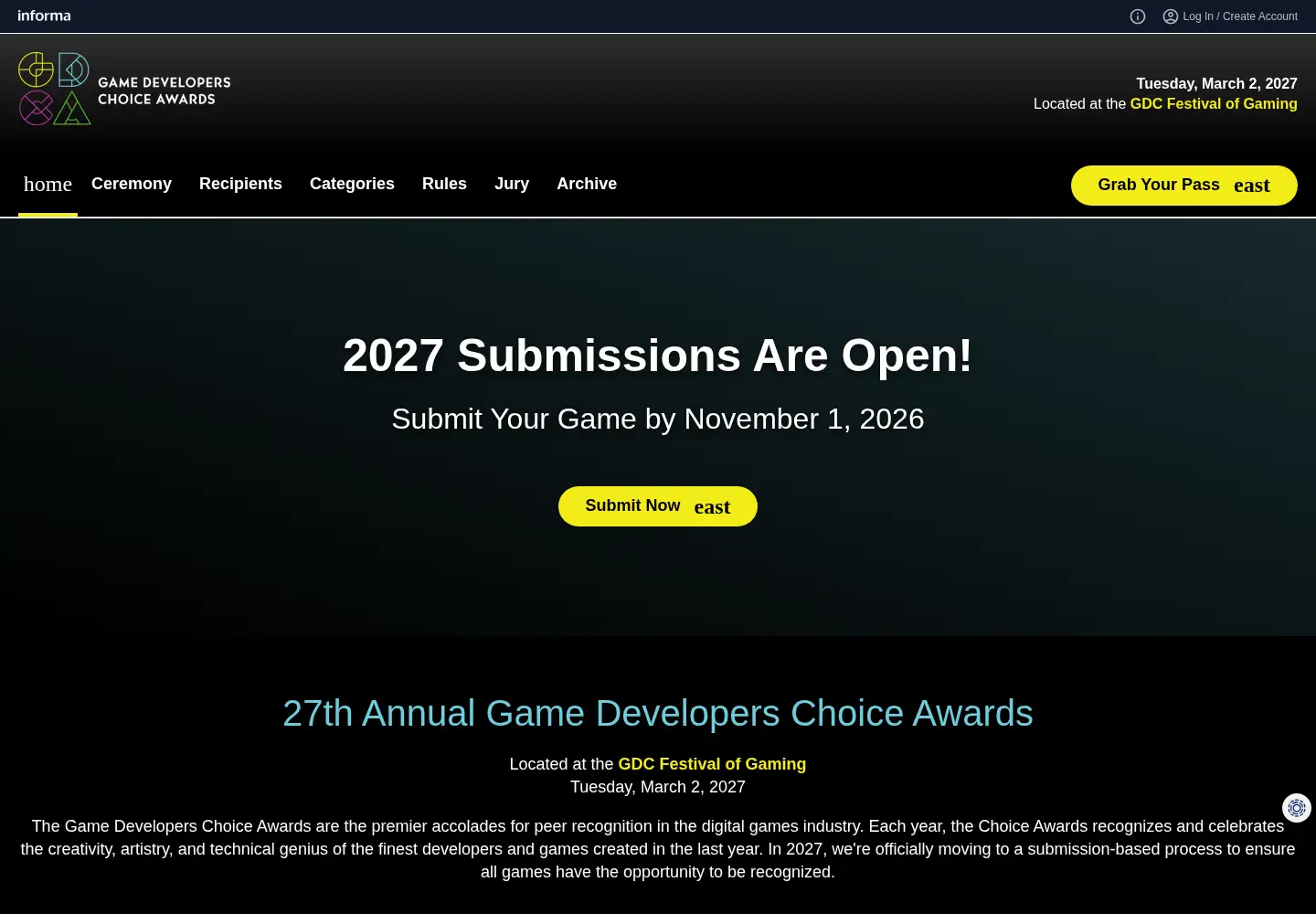 Screenshot of gamechoiceawards.com